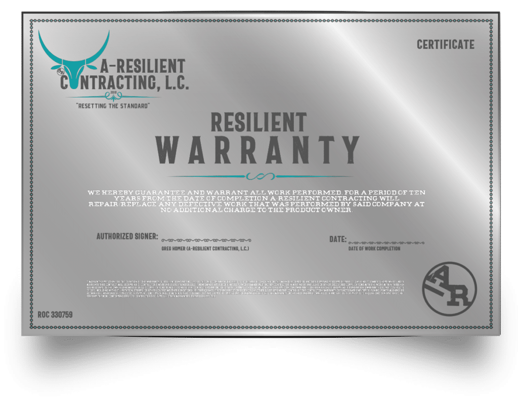 A-Resilient Contracting LC - Photo of warranty certificate
